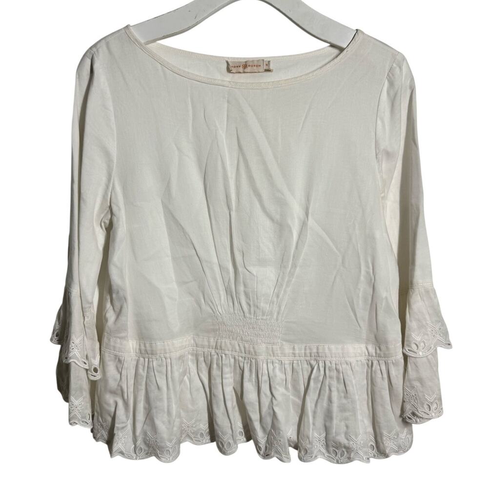 Tory Burch Peasant Cottagecore Blouse Top Women 10 White Eyelet Lace Quite Lux